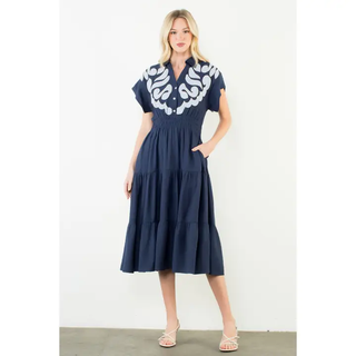 Mable - Short Sleeve Embroidery Detail Tiered Midi Dress - Navy