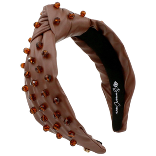 Brown Vegan Leather Headband with Hand-Sewn Glass Beads