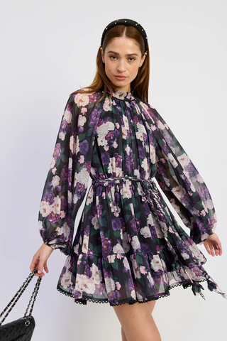 En Saison Women's Long-Sleeve Turtle Neck A-Line Mini Dress - Black Purple Mauve - Size L En Saison Women's Long-Sleeve Turtle Neck A-Line Mini Dress - Black Purple Mauve - Size L