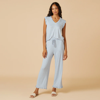 Dream Ruffle V-neck with Cropped Pant - Sky Blue Stripe