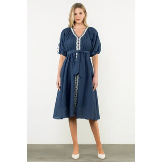 Venus - Embroidered Puff Sleeve Textured Midi Dress