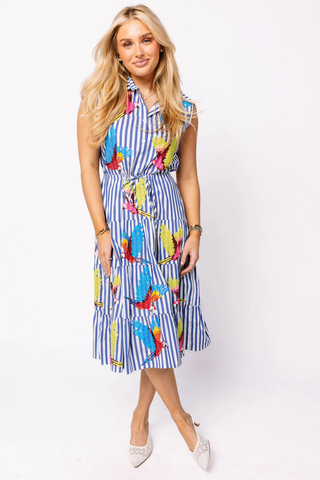 MULTI PARROT TIE DRESS - Navy and White Stripe