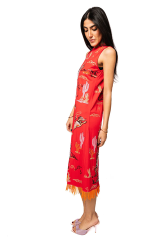 Red Bucking Cowgirl Fringe Bottom Midi Tank Dress