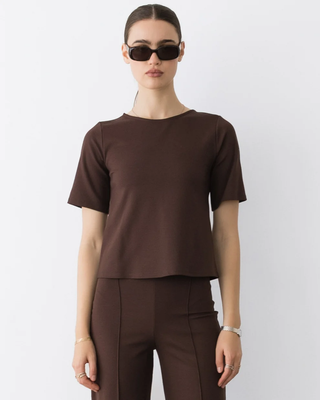 Ponte Knit Extended Short Sleeve Top - Chocolate