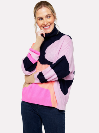 Abstract Cashmere Roll Neck - Navy