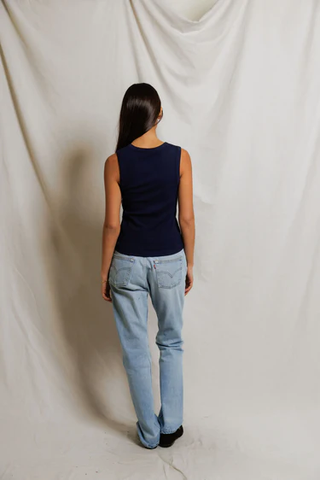 Loretta Luxe Rib Henley Tank - Navy