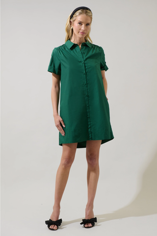 Yamina Collared Shift Mini Dress - Emerald