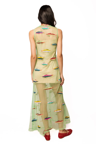 Green Sheer Polka Dot Multi Fish Coverup Midi Dress