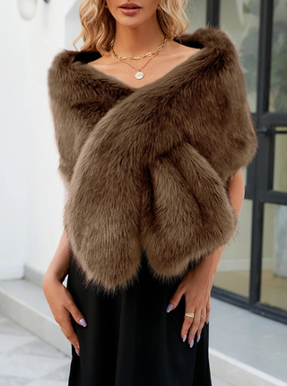 Faux Fur Cross Shawl - Coffee