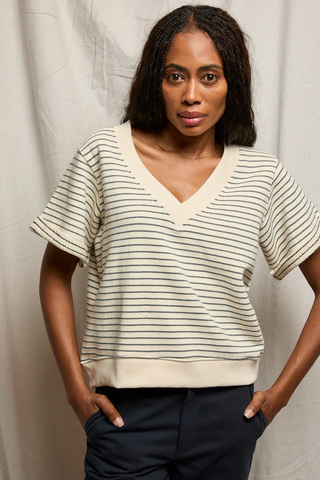 Briggs French Terry Stripe V-Neck SS Sweatshirt - Natural Charcoal