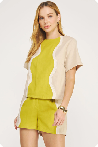 Wavy Contrast Color Block Tee - Chartreuse Cream