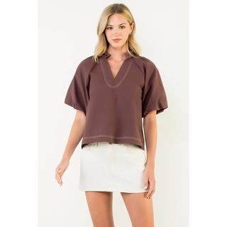 Sophie - Contrast Stitch Puff Sleeve V-Neck Top - Brown