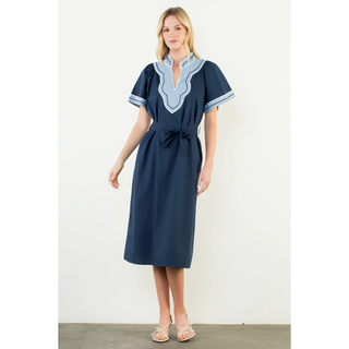 Short Sleeve Trimmed V-Neck Belted Dress - Navy