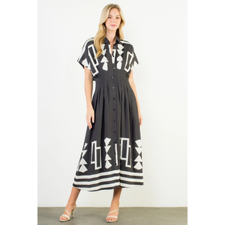 Cheyenne - Button Down Geo Print Midi Dress - Black
