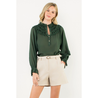 Ivy - Ruffle Yoke Smocked Cuff Long Sleeve Top - Olive