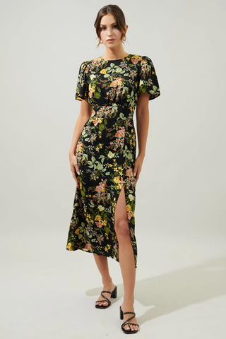 Night Bloom Floral Midi Dress - Black Multi