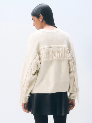 Cashmere Blend Luxe Fringe Crewneck - Ivory