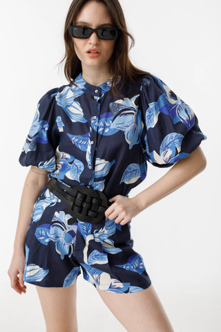 Bubble Linen Shirt - Navy Hibiscus Print