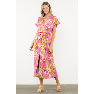 Barbara - Belted V-Neck Floral Button Dress