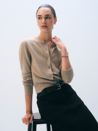 Cashmere Crewneck Cardigan - Taupe Heather