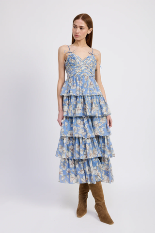 Maryam Pleated Maxi Dress - Blue Brown Peach