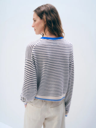 Cashmere Striped Crewneck - Soft white/deep navy/bright azure