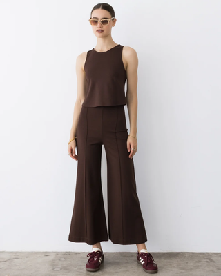 Ponte Knit Cropped Wide Leg Pant - Chocolate
