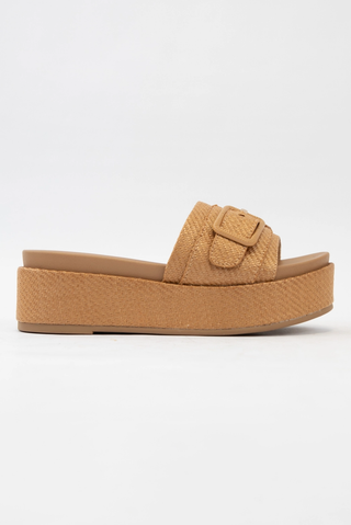 Lulah Buckle Strap Design Platform Slip-On Sandals - Camel Raffia