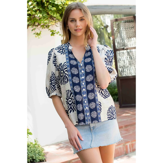 Tybee - Puff Sleeve Button Front Abstract Print Top - Navy