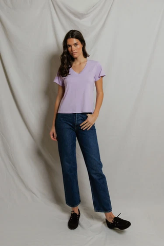Hendrix - Cotton Short Sleeve Boxy V Neck Tee - Ultra Violet