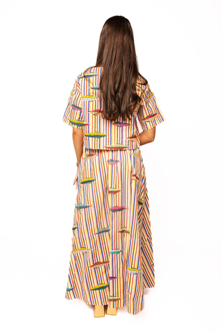 Rainbow Stripe Multi Fish Cotton Midi Skirt