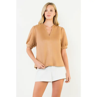 Lindy - Puff Sleeve Split Neck Suede Top - Camel