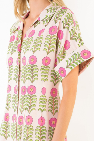 Cynthia Short Sleeve Floral Pattern Button Down Dress - Pink
