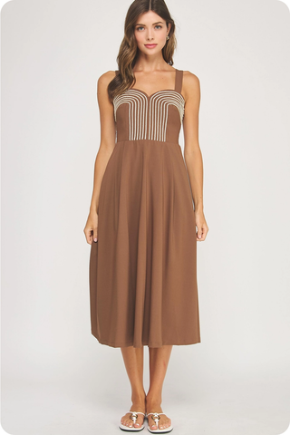 Braid Embroidery Detail Pleated Mini Dress - Cocoa Brown