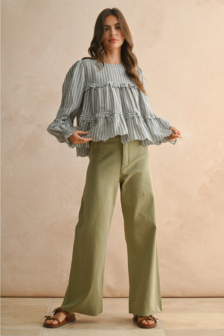 Straight Wide Leg Denim Pants - Olive