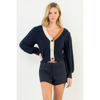 Balloon Sleeve Colorblock Knit Cardigan - Navy
