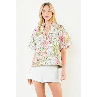Puff Sleeve Floral Pattern Top - Cream
