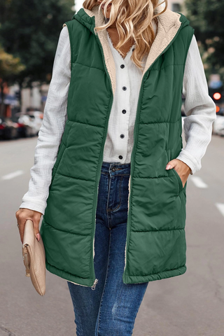 Reversible Plain Hooded Quilted Vest - Green