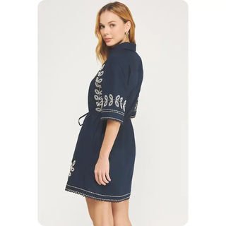Embroidery Top Stitch Linen Shirt Dress - Dark Navy/Ecru