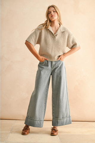 Multi Color Collared Knitted Top - Taupe and White