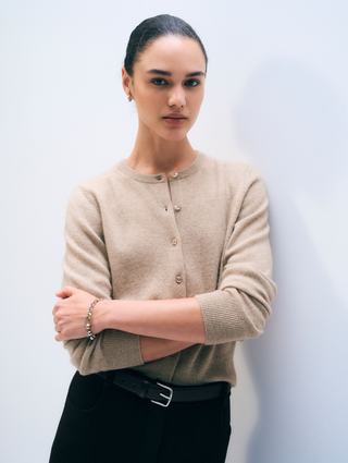 Cashmere Crewneck Cardigan - Taupe Heather
