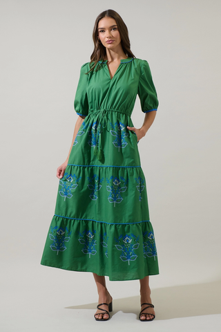 Meridy Floral Vonie Tiered Midi Dress - Kelly / Blue